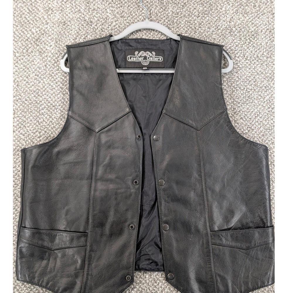Leather Gallery Mens Black Leather Biker Vest Western Snap Front Size 46